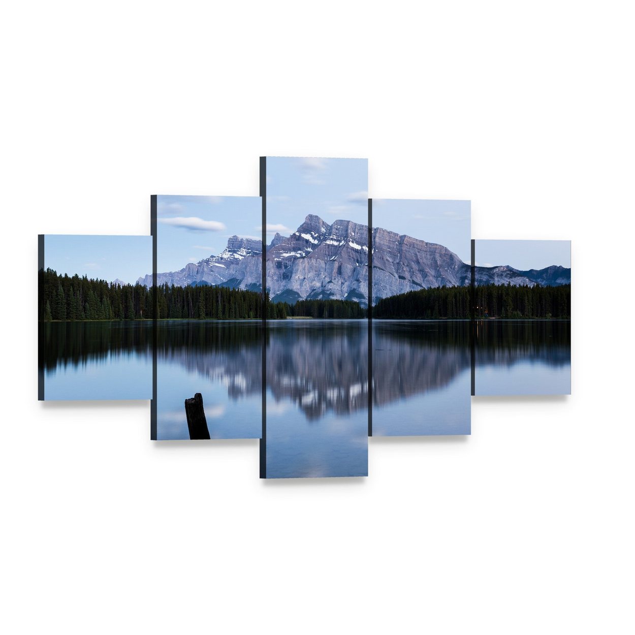 Two Jack Lake with Snow-capped Mountains Canvas Wall Art, 5 panel 5 Star layout gallery wrapped canvas set, angled product view