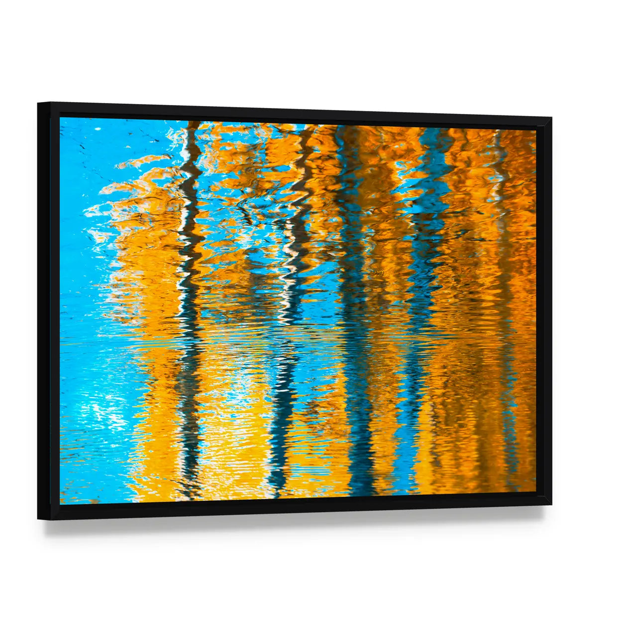 Autumn Reflections In Water Canvas Wall Art, framed canvas in a black floater frame, angled product view