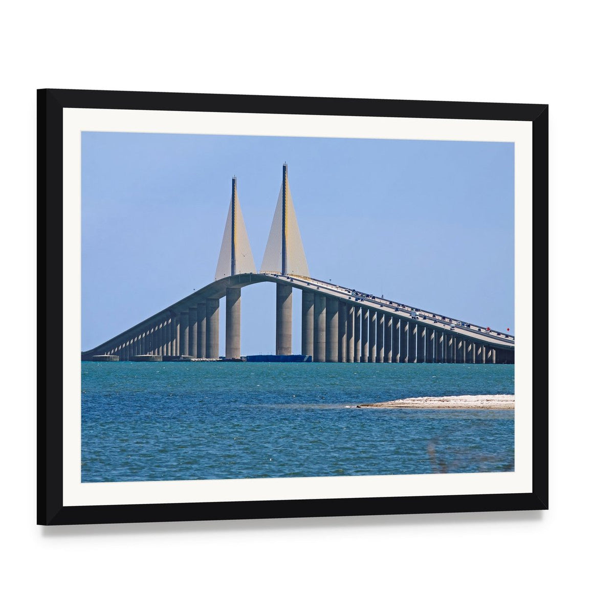 Sunshine Skyway Bridge Canvas Wall Art, framed print with white mat and black frame, angled product view