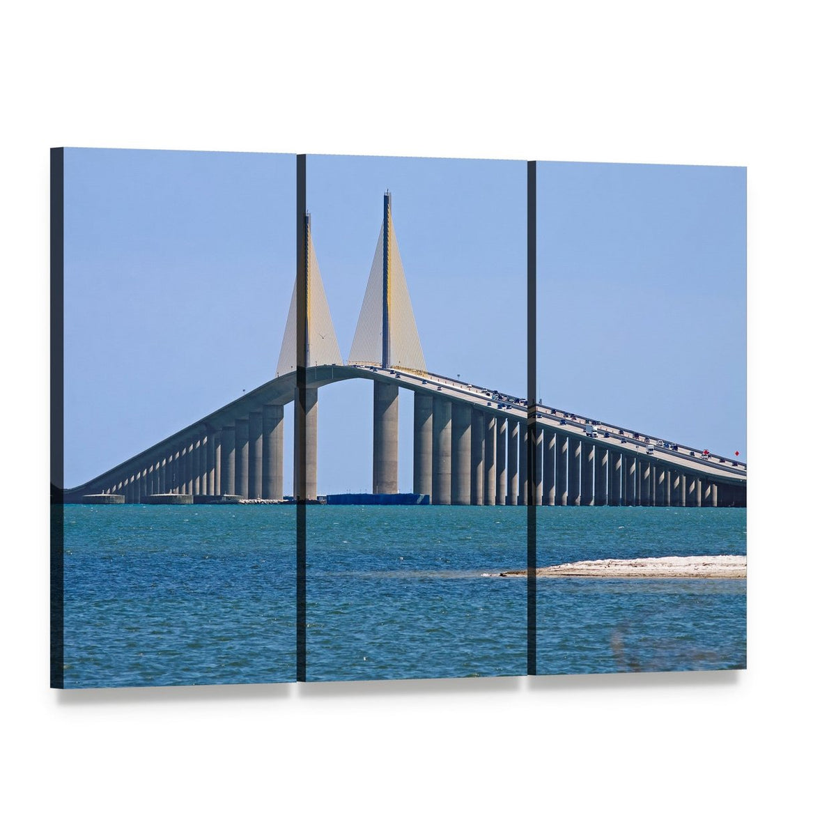 Sunshine Skyway Bridge Canvas Wall Art, 3 panel 3 Horizontal layout gallery wrapped canvas set, angled product view