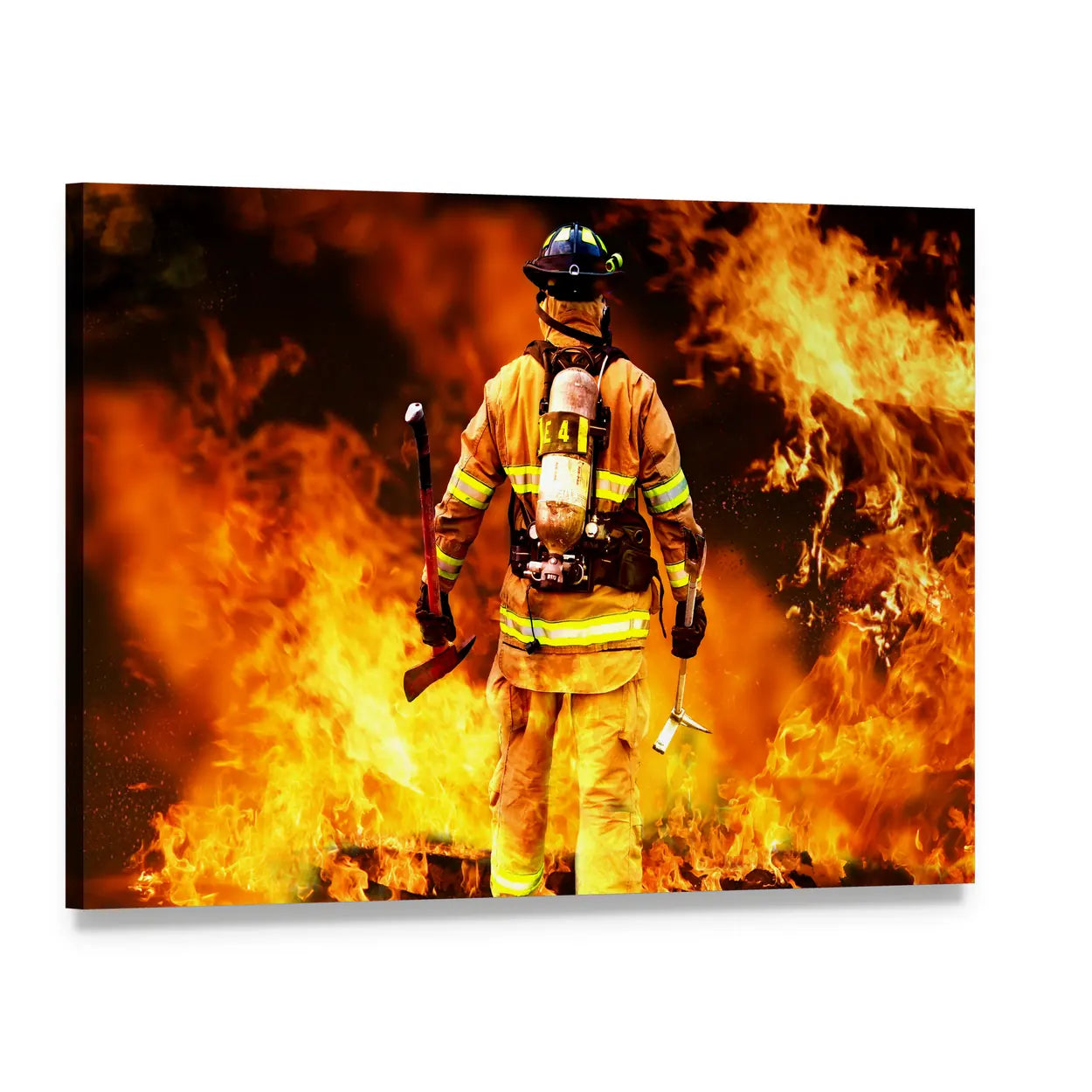 Firefighter Amid Intense Flames Canvas Wall Art, single panel gallery wrapped canvas, angled product view