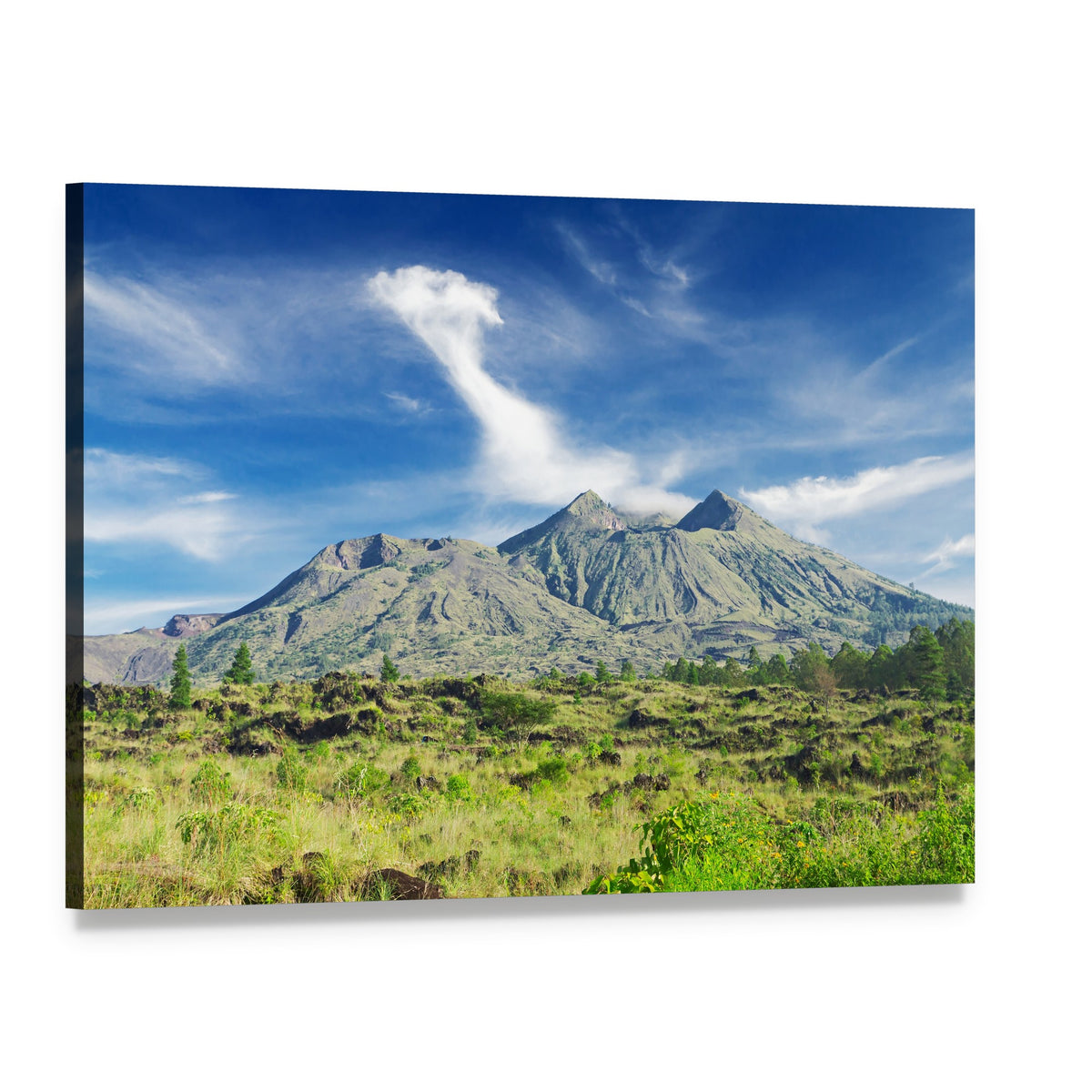 Serene Volcano and Mountain Grassland Canvas Wall Art, single panel gallery wrapped canvas, angled product view