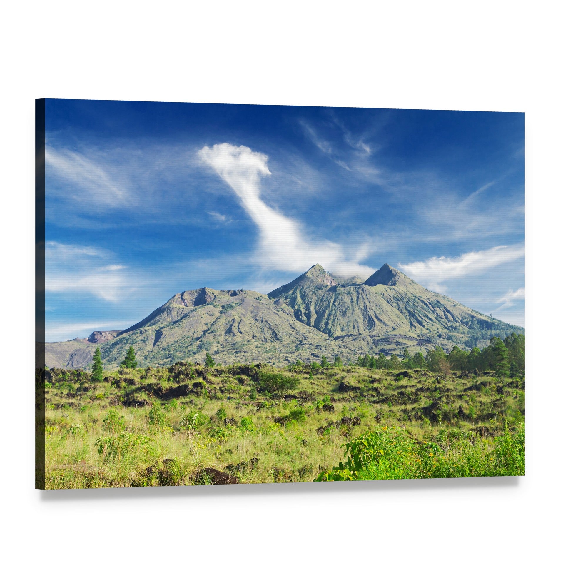 Serene Volcano and Mountain Grassland Canvas Wall Art, single panel gallery wrapped canvas, angled product view