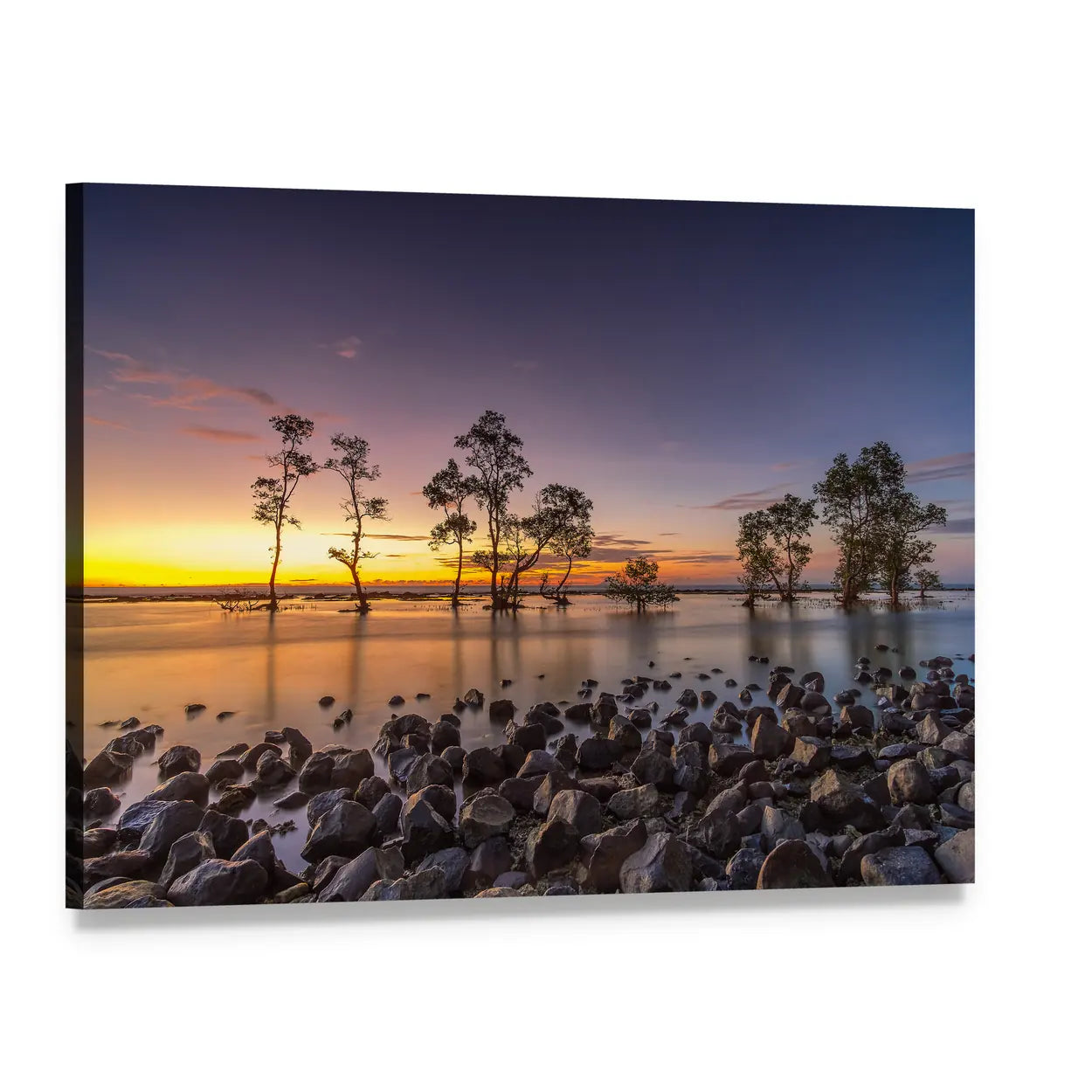 Sunset Mangroves and Rocky Coastline Canvas Wall Art, single panel gallery wrapped canvas, angled product view