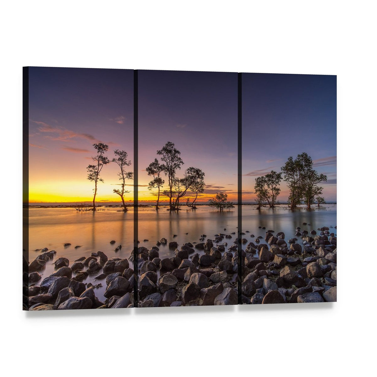 Laguna Beach Sunset with Mangrove Silhouettes Canvas Wall Art, 3 panel 3 Horizontal layout gallery wrapped canvas set, angled product view