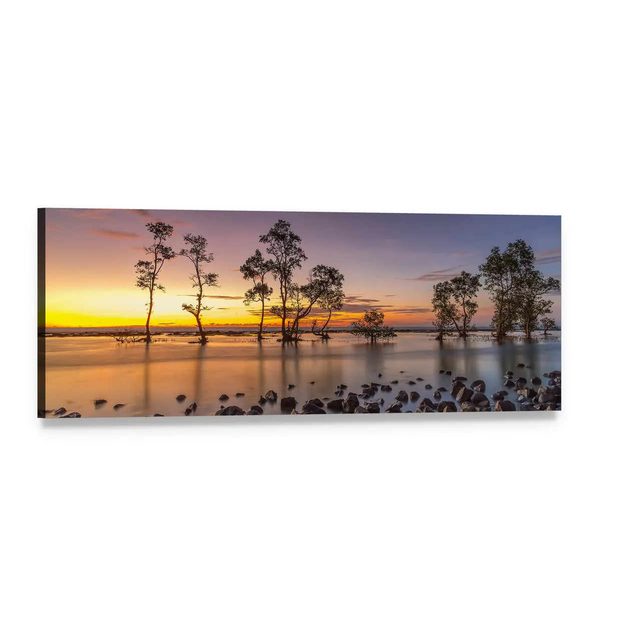 Mangrove Silhouettes at Sunset Panoramic Canvas Wall Art, single panel gallery wrapped canvas, angled product view