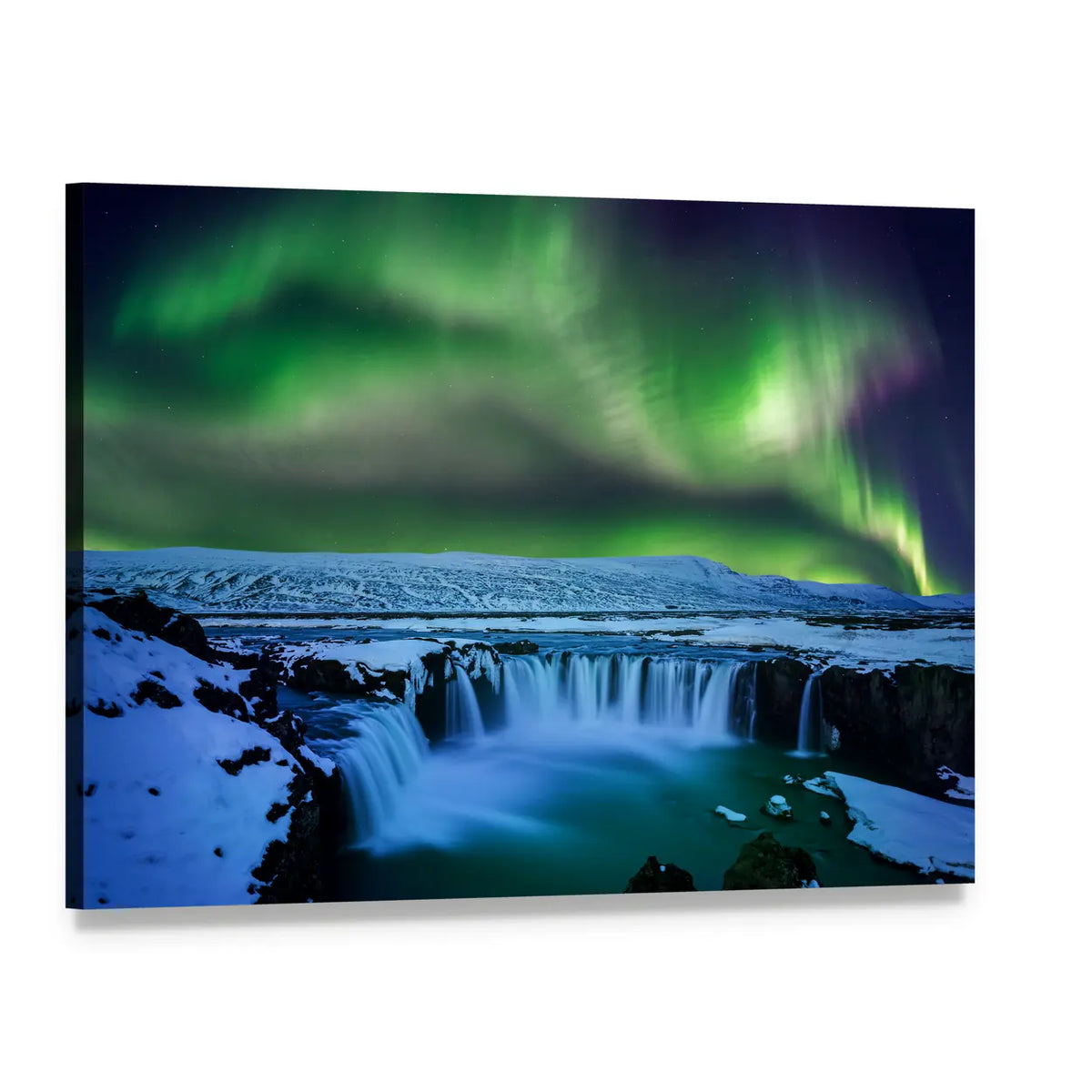 Aurora Over Godafoss Waterfall Canvas Wall Art, single panel gallery wrapped canvas, angled product view