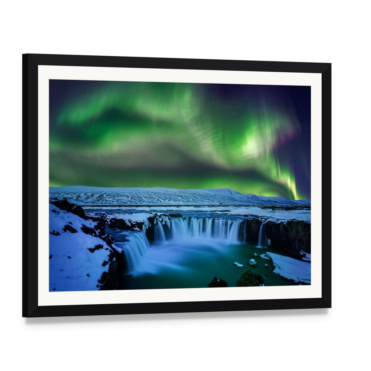 Aurora Over Godafoss Waterfall Canvas Wall Art, framed print with white mat and black frame, angled product view