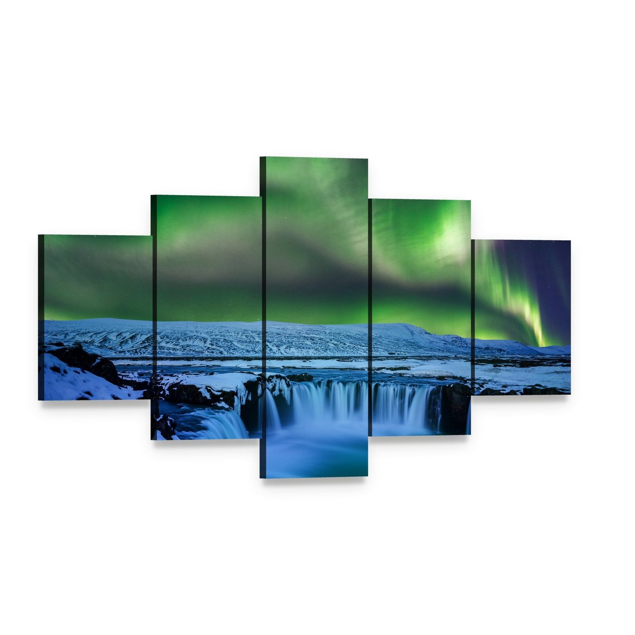 Aurora Over Godafoss Waterfall Canvas Wall Art, 5 panel 5 Star layout gallery wrapped canvas set, angled product view