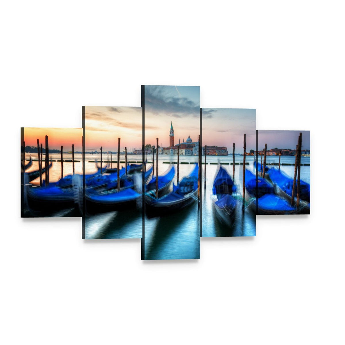Gondolas on Grand Canal at Sunset Canvas Wall Art, 5 panel 5 Star layout gallery wrapped canvas set, angled product view