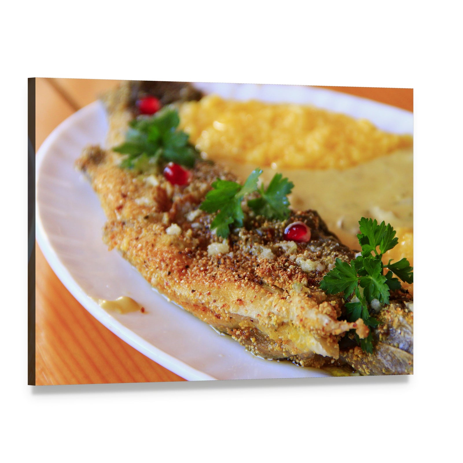 Breaded Trout with Parsley, Polenta, Pomegranate Canvas Wall Art, single panel gallery wrapped canvas, angled product view