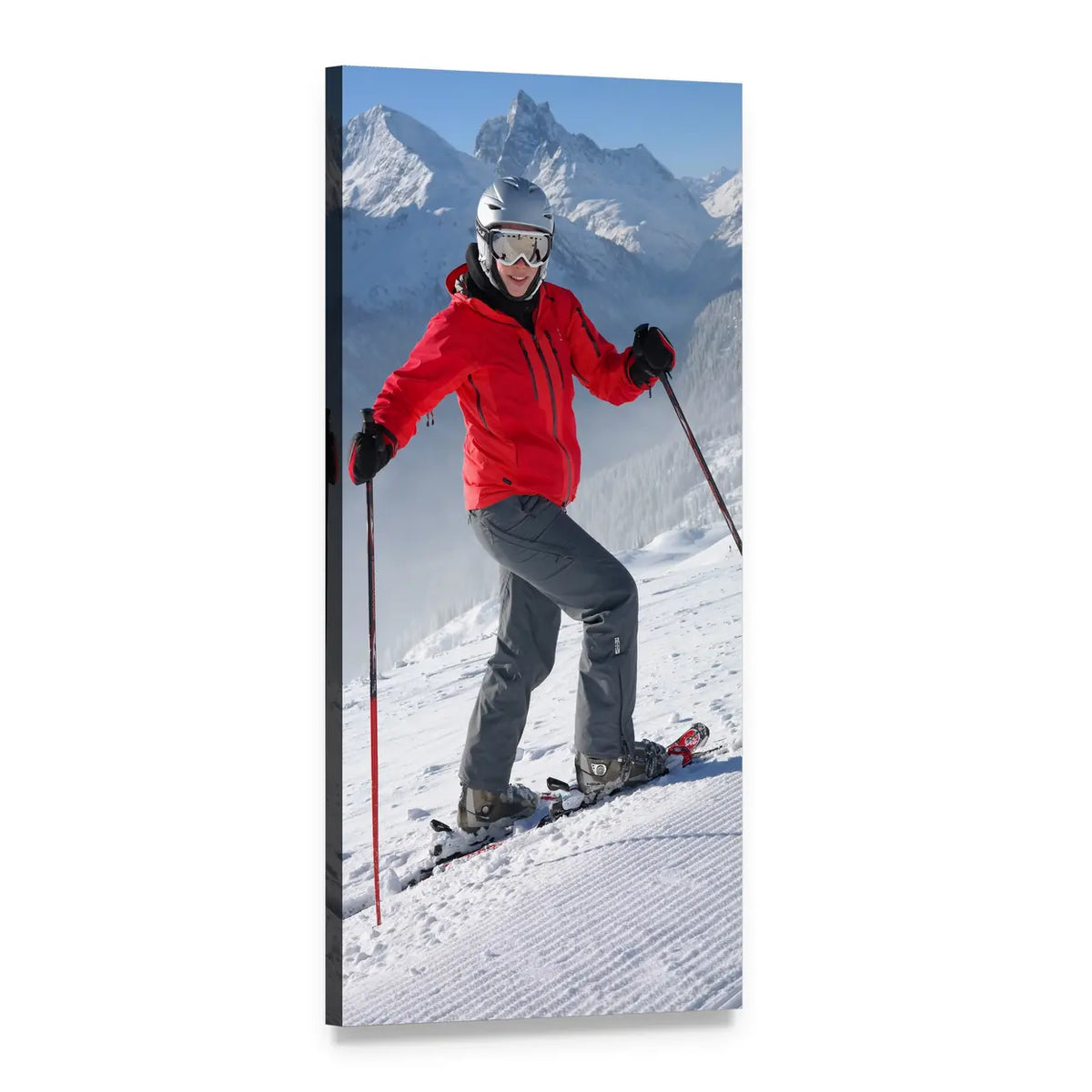 Woman Skier in Red Jacket Vertical Canvas Wall Art, 1 panel 1 Vertical layout gallery wrapped canvas set, angled product view