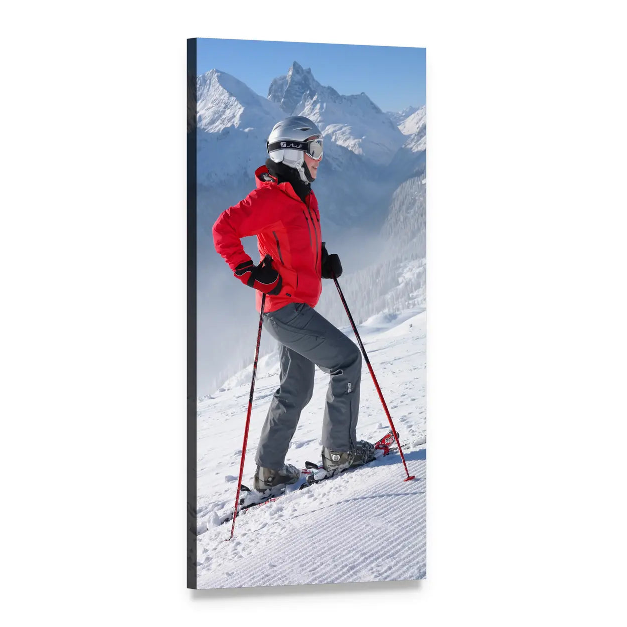 Female Skier on Groomed Mountain Slope Vertical Canvas Wall Art, 1 panel 1 Vertical layout gallery wrapped canvas set, angled product view