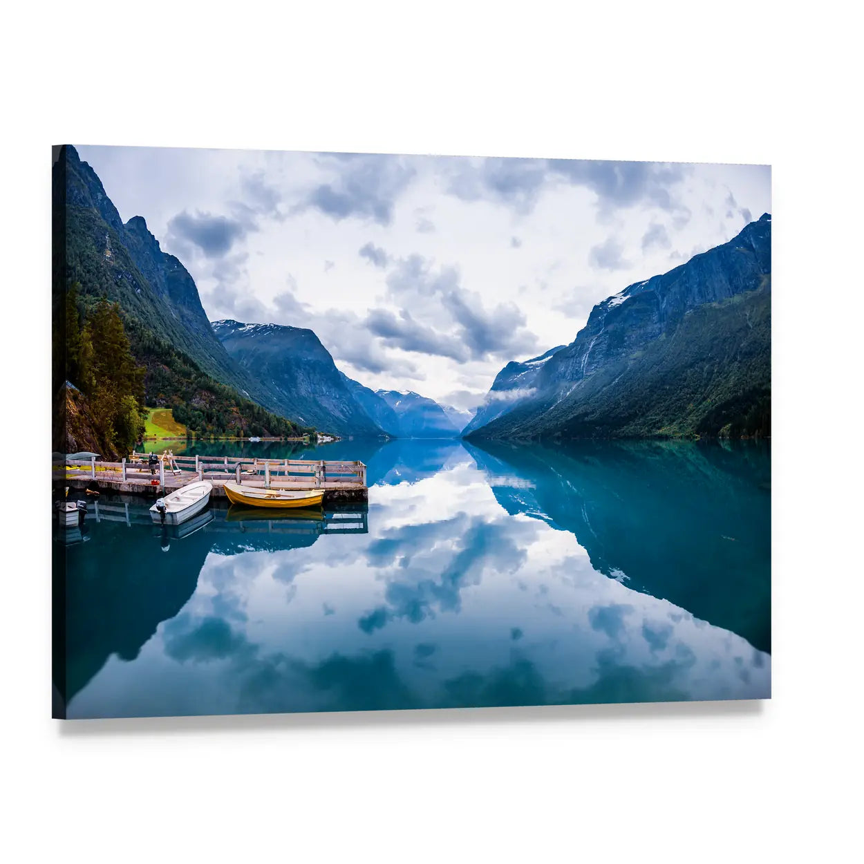 Lovatnet Lake with Wooden Pier and Boats Canvas Wall Art, single panel gallery wrapped canvas, angled product view