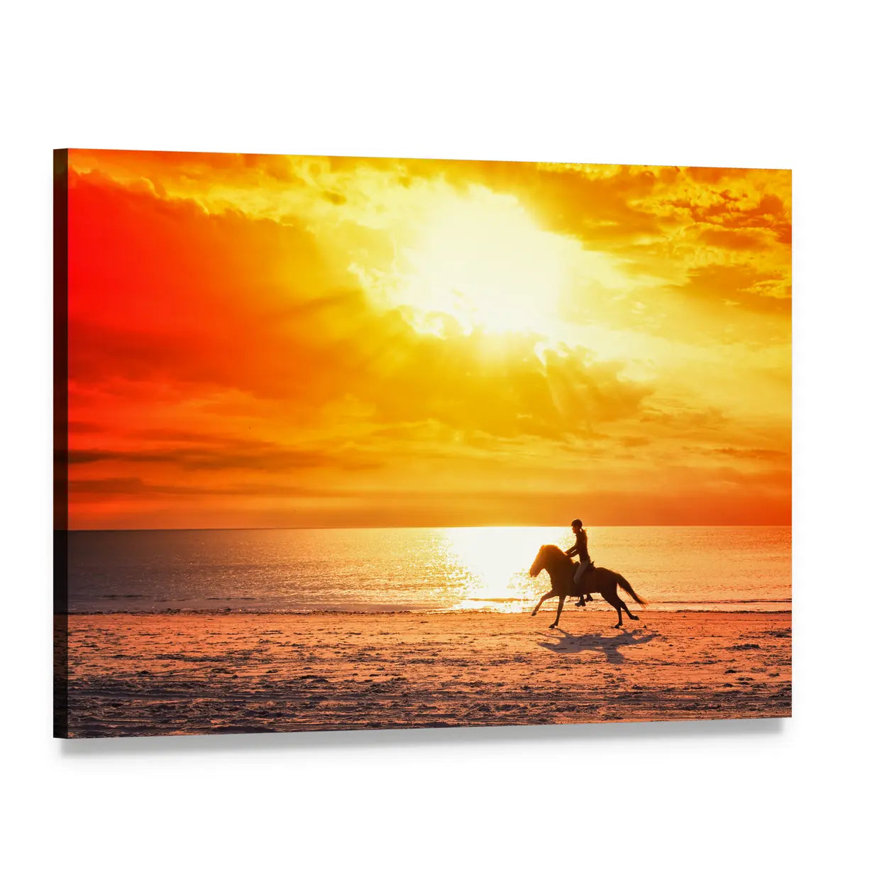 Horse and Rider on Beach at Sunset Canvas Wall Art, single panel gallery wrapped canvas, angled product view