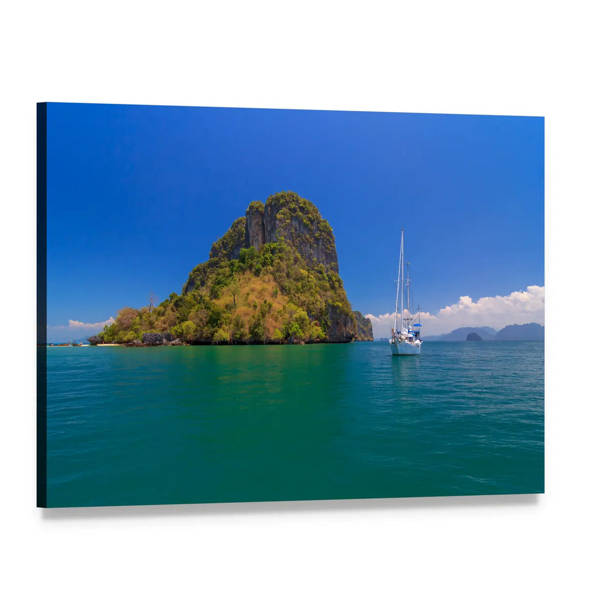 Tropical Island with Two-masted Sailboat Canvas Wall Art, single panel gallery wrapped canvas, angled product view