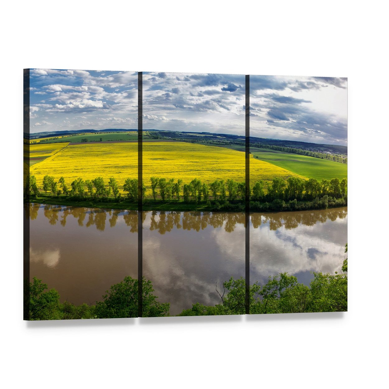 Dniester River Valley Canvas Wall Art, 3 panel 3 Horizontal layout gallery wrapped canvas set, angled product view