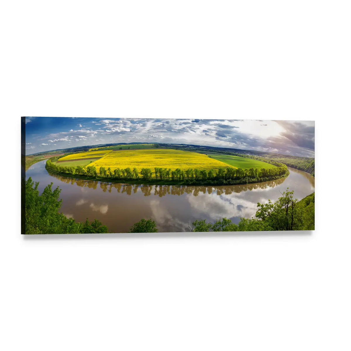 Dniester River Valley with Rapeseed Field Panoramic Canvas Wall Art, single panel gallery wrapped canvas, angled product view