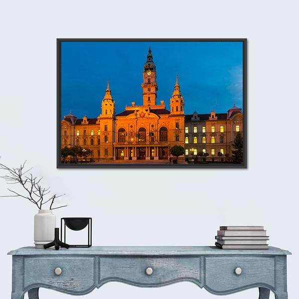 View Of Gyor City Hall At Night In Hungary Canvas Wall Art