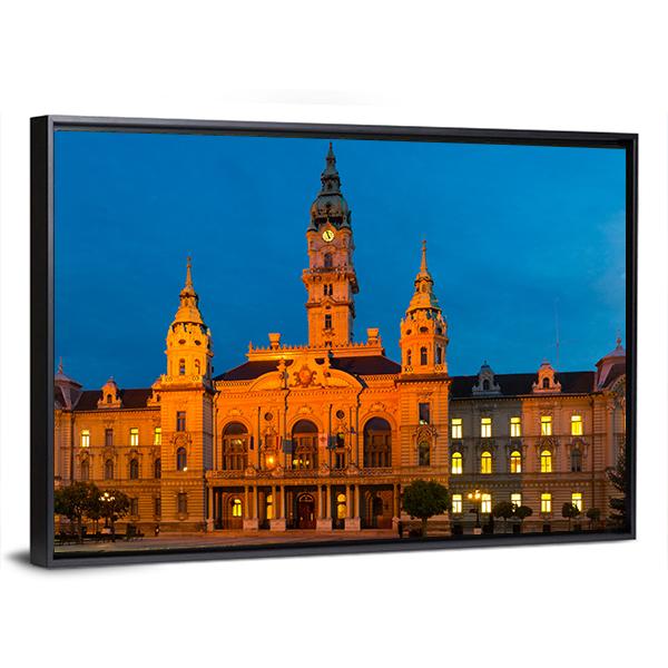 View Of Gyor City Hall At Night In Hungary Canvas Wall Art
