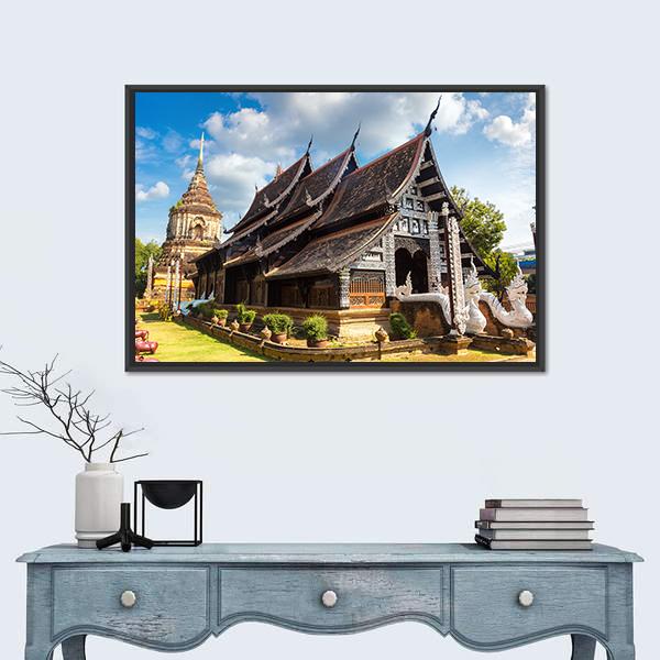 Thai Temple with Brick Stupa and Garden Path Canvas Wall Art