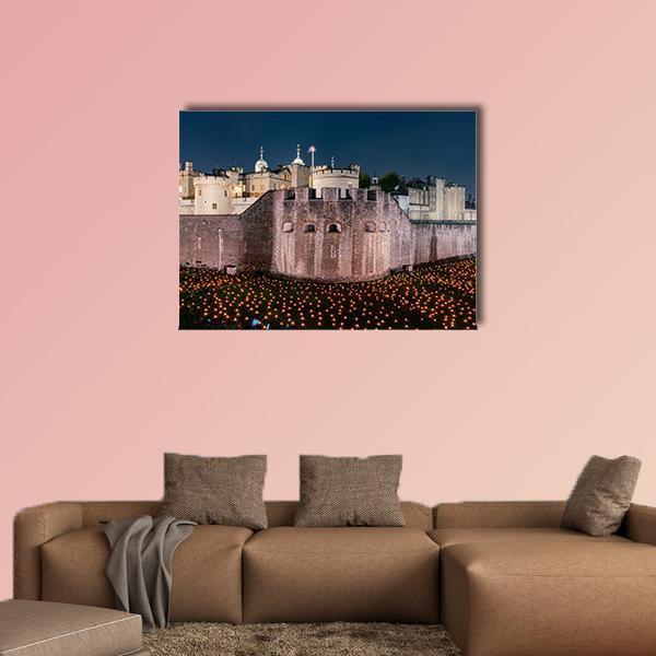 Tower of London Flames Canvas Wall Art in gray, orange and blue, single panel hung on a wall