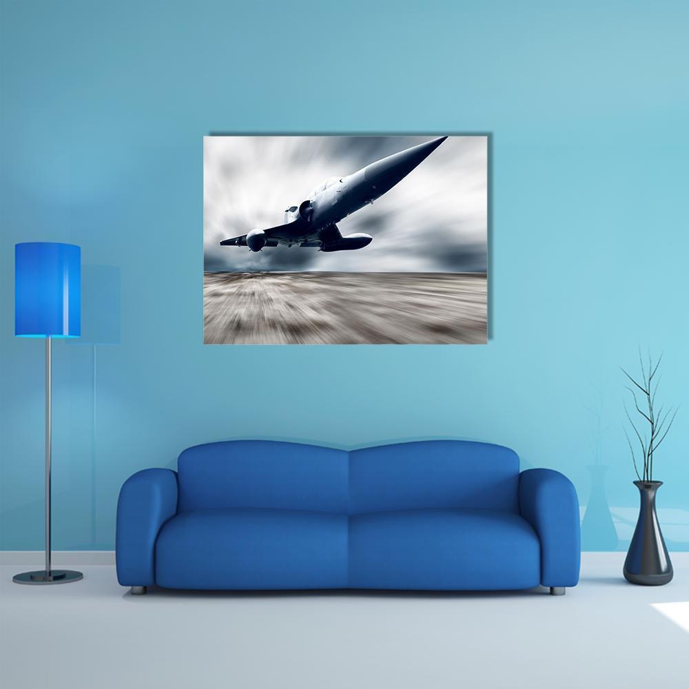 Fighter Jet Taking Off Canvas Wall Art in black, white and gray, single panel hung on a wall