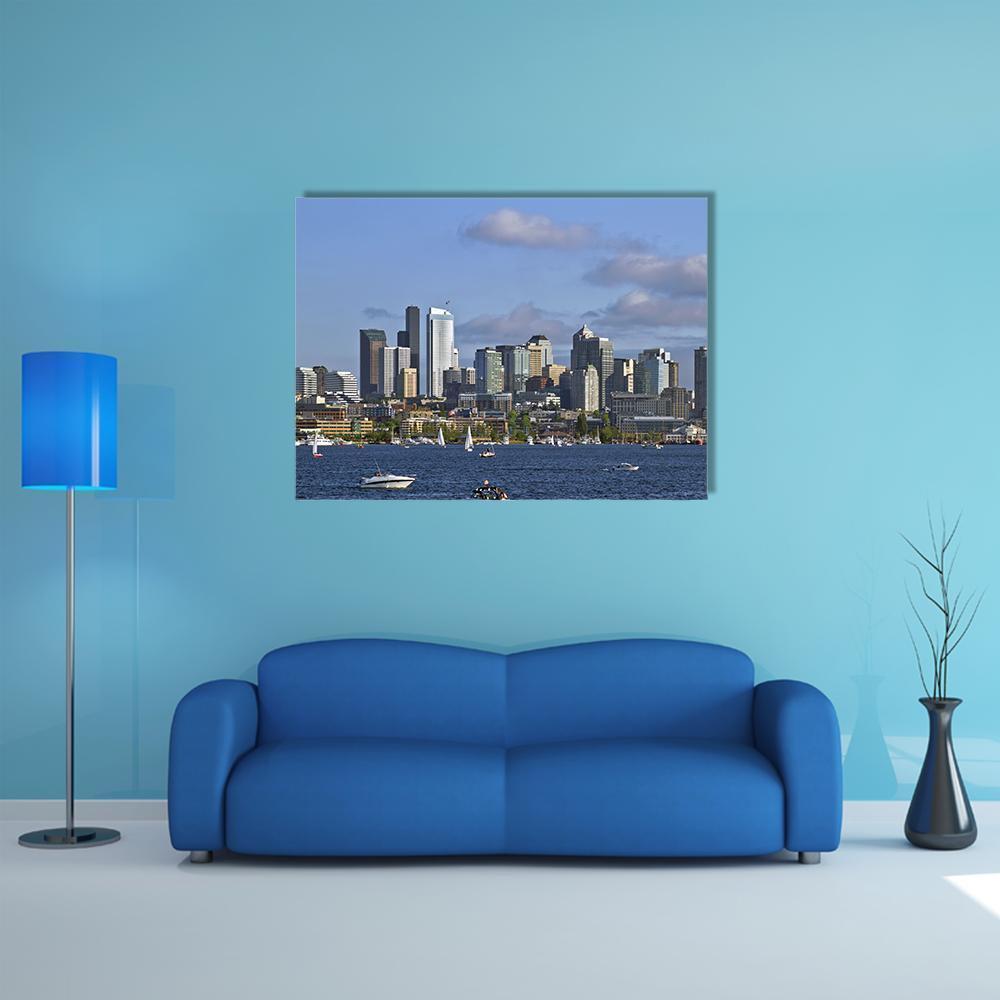 Seattle Washington Skyline On Lake Canvas Wall Art-5 Horizontal-Gallery Wrap-22" x 12"-Tiaracle