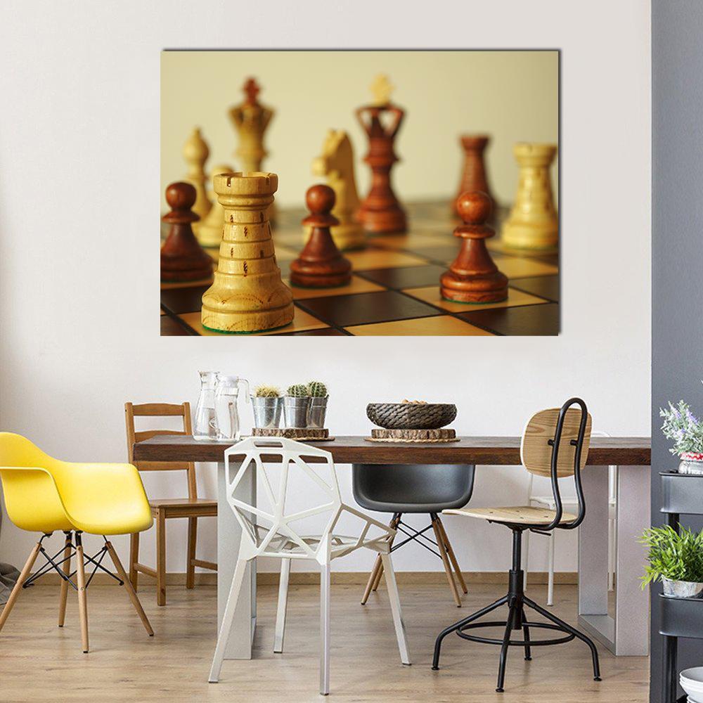 Brown Chess Pieces Canvas Wall Art-4 Horizontal-Gallery Wrap-34" x 24"-Tiaracle