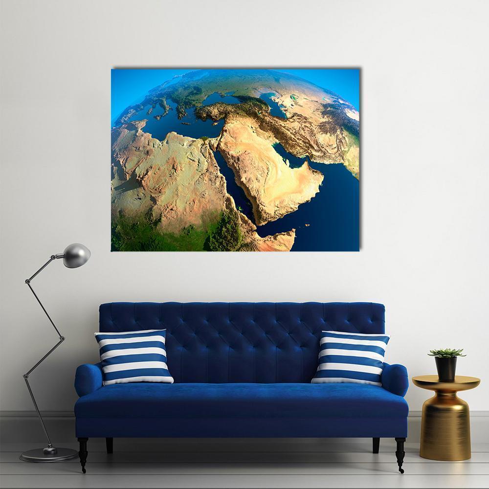 Middle East Satellite View Canvas Wall Art in beige, brown and blue, single panel hung on a wall