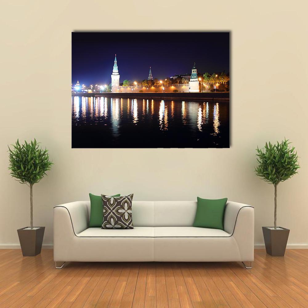 Kremlin River at Night Canvas Wall Art in black, yellow and blue, single panel hung on a wall
