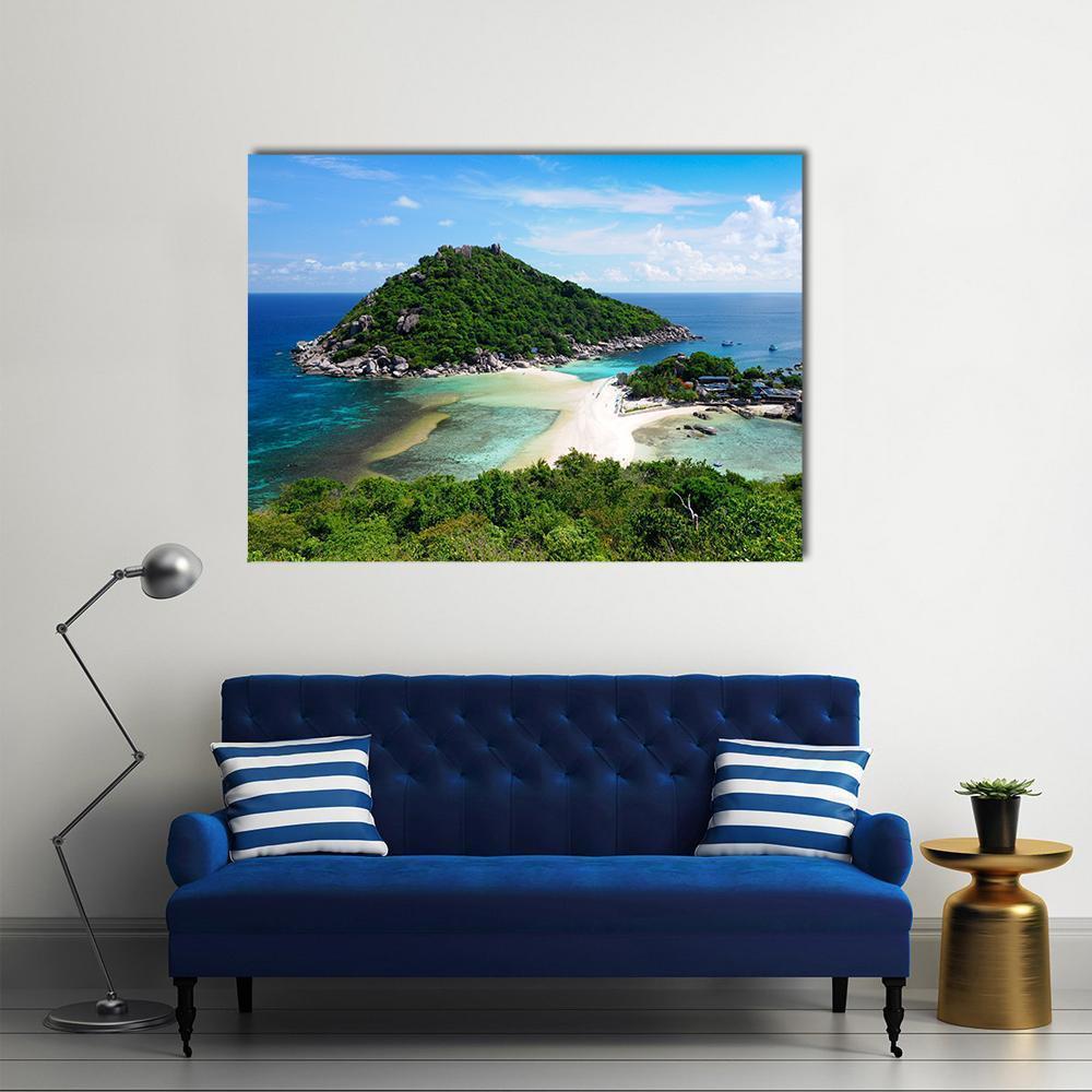 Koh Nang Yuan Island Thailand Canvas Wall Art in white, green and blue, single panel hung on a wall