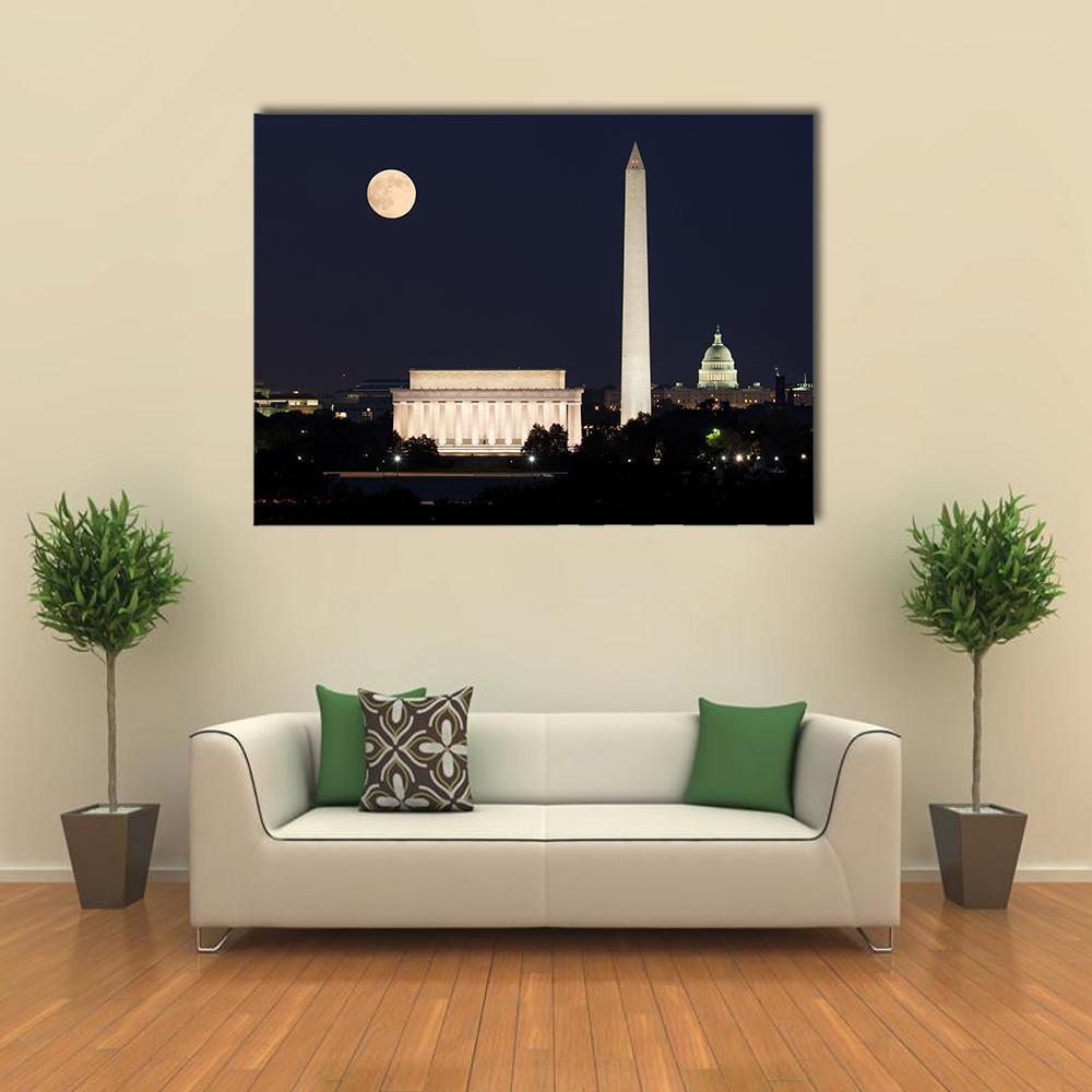 Full Moon Above Lincoln Memorial Canvas Wall Art in black, white and blue, single panel hung on a wall