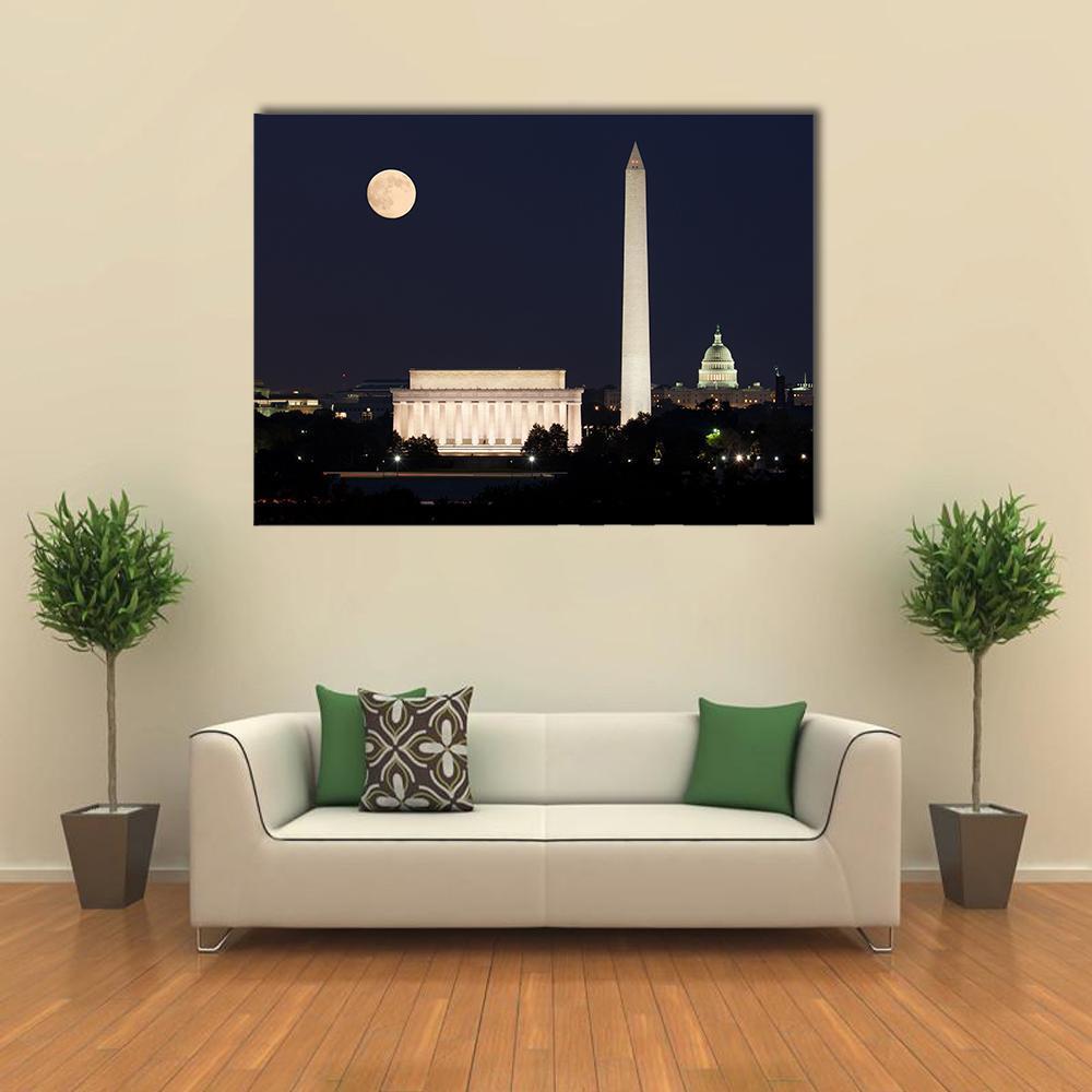 Full Moon Above Lincoln Memorial Canvas Wall Art-4 Horizontal-Gallery Wrap-34" x 24"-Tiaracle