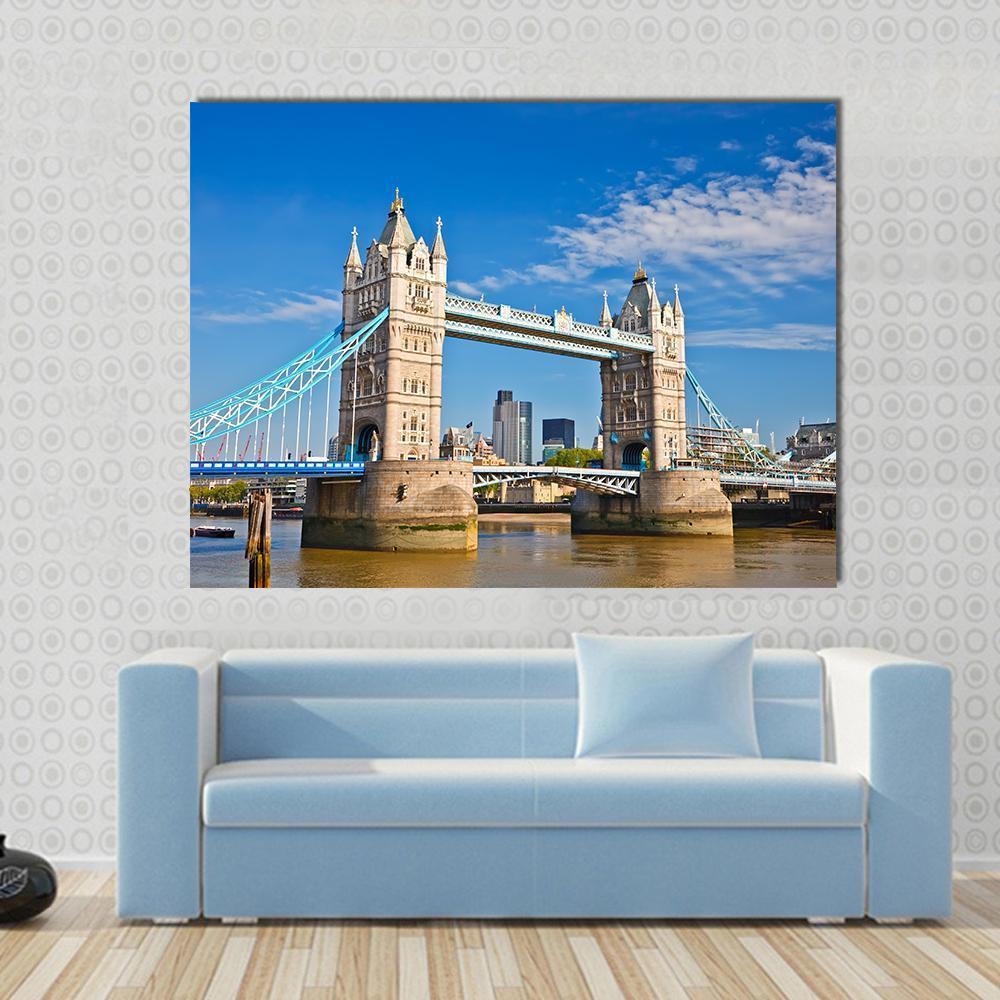 Tower Bridge In London Under Blue Sky Canvas Wall Art-1 Piece-Gallery Wrap-36" x 24"-Tiaracle