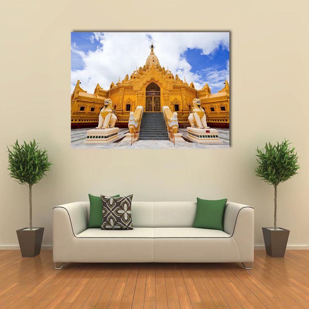 Swe Taw Myat Temple Canvas Wall Art in white, gold and blue, single panel hung on a wall
