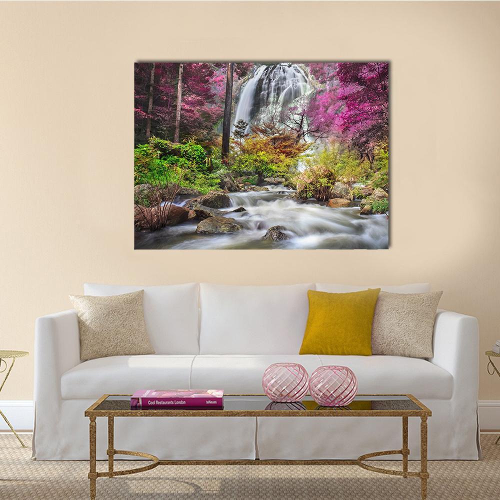 Klonglan Waterfall Thailand Canvas Wall Art in gray, green and pink, single panel hung on a wall