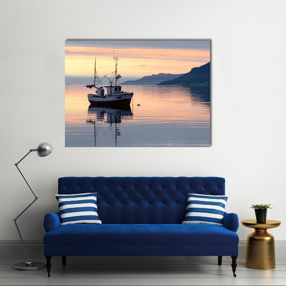 Fishing Boat Lies At Sundown Canvas Wall Art-1 Piece-Gallery Wrap-36" x 24"-Tiaracle