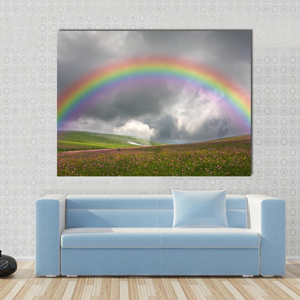 Rainbow Over Wildflower Hills Canvas Wall Art in gray, green and multicolor, single panel hung on a wall