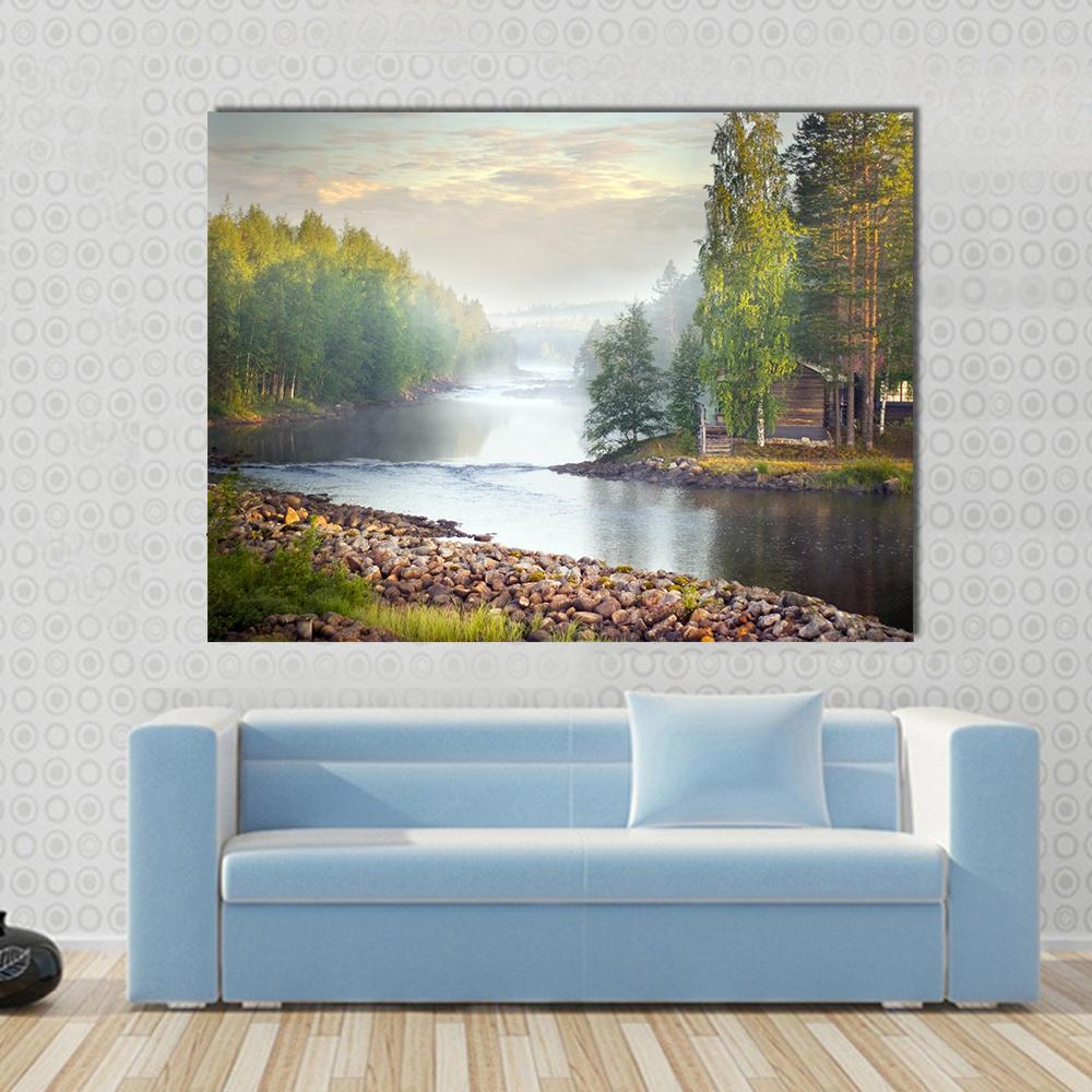 Misty River with Cabin Canvas Wall Art in gray, brown and green, single panel hung on a wall