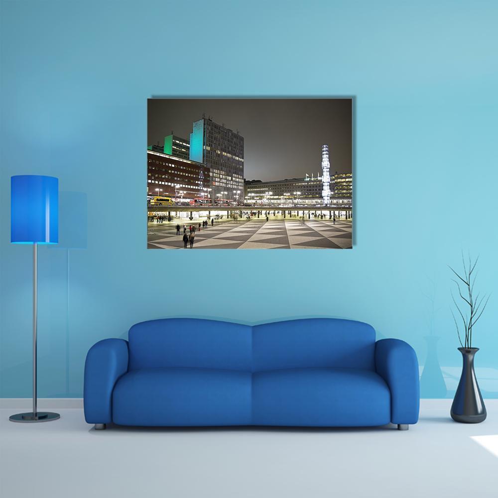 Sergels Torg Square at Night Canvas Wall Art in black, white and gray, single panel hung on a wall