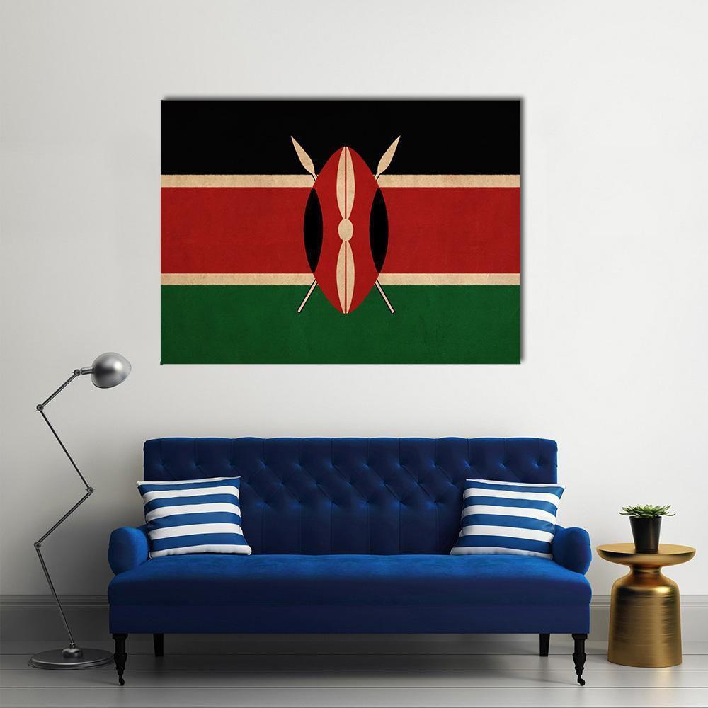 Kenya Flag with Maasai Shield and Crossed Spears Canvas Wall Art in black, red and green, single panel hung on a wall