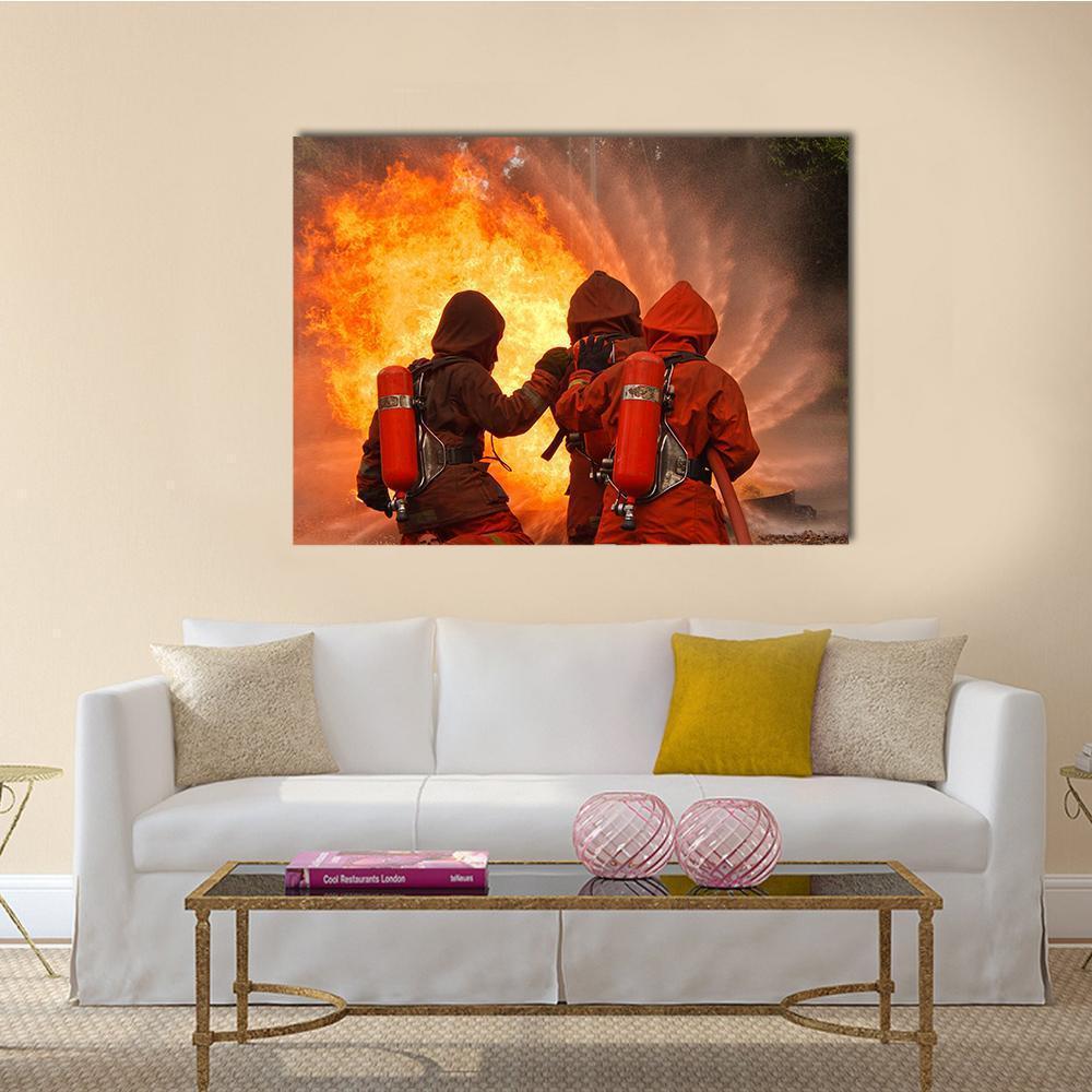 Firefighters In Action Canvas Wall Art-4 Horizontal-Gallery Wrap-34" x 24"-Tiaracle