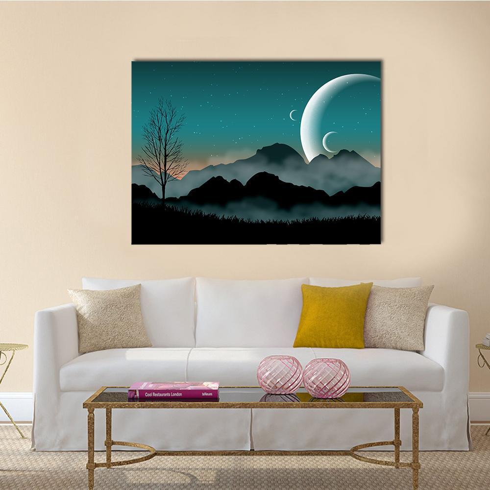 Three Crescent Moons Over Misty Mountains Canvas Wall Art in black, gray and blue, single panel hung on a wall