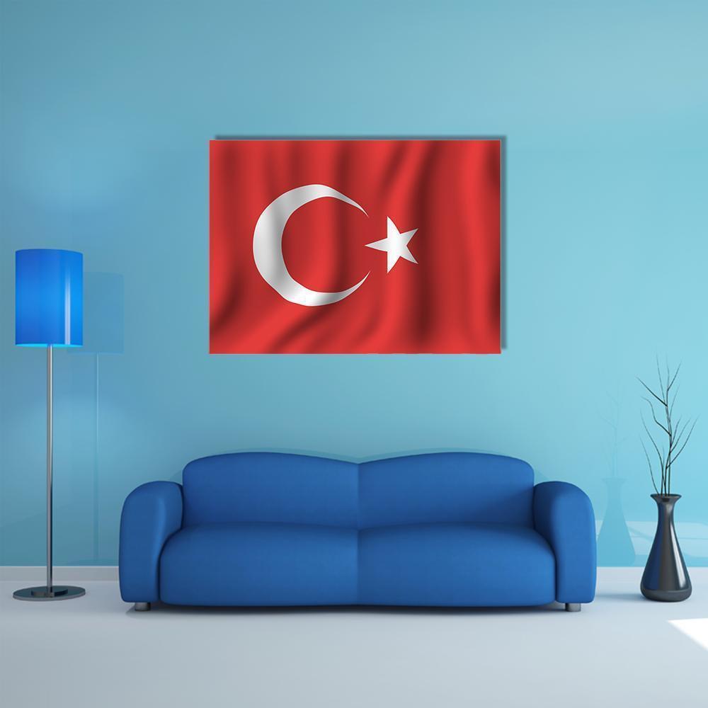 Waving Turkish Flag Canvas Wall Art in white and red, single panel hung on a wall