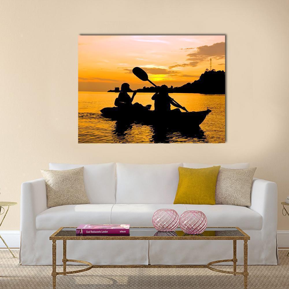 Kayaking at Sunset, Koh Chang Thailand Canvas Wall Art in black, orange and yellow, single panel hung on a wall