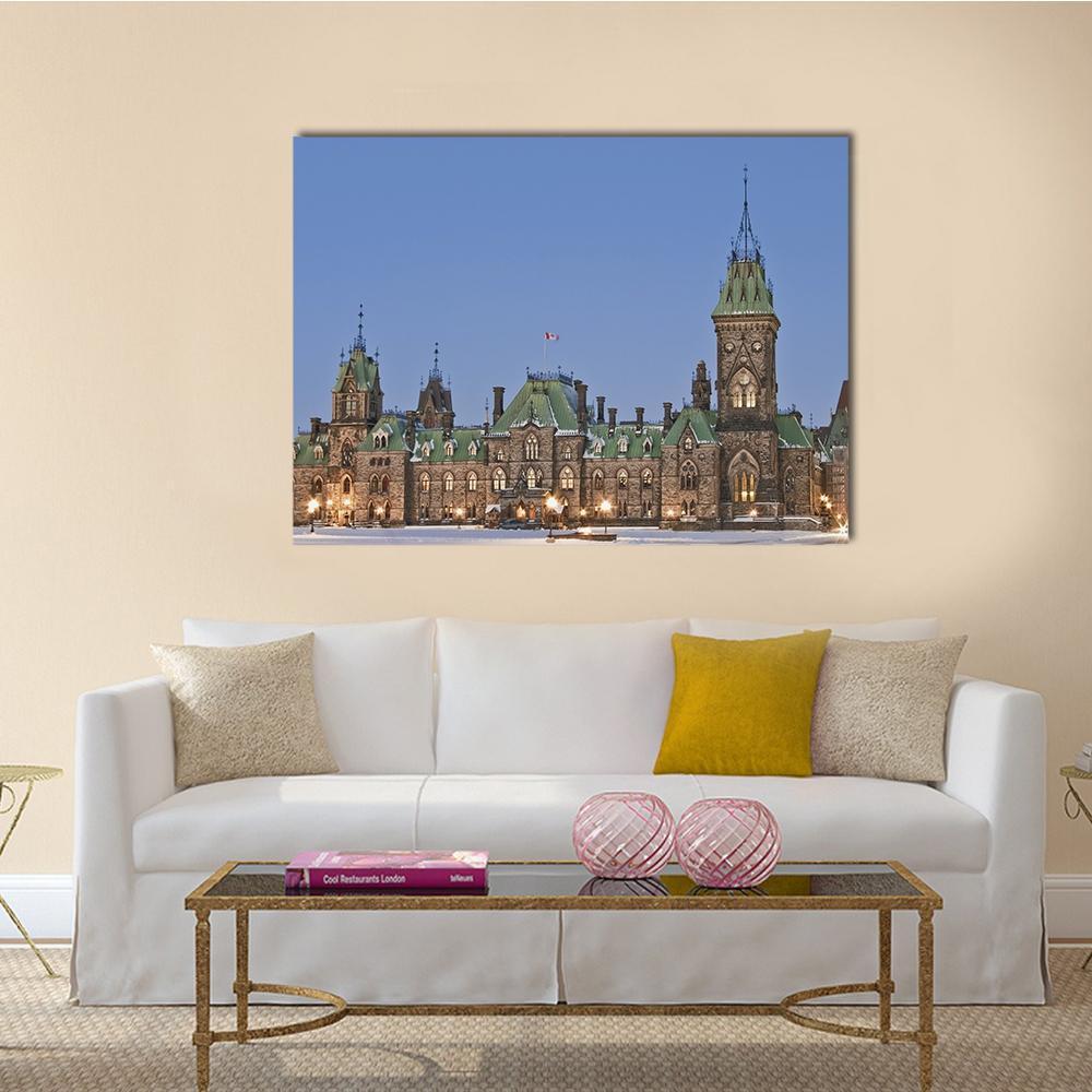 Canadian Parliament at Dusk Canvas Wall Art in gray, brown and blue, single panel hung on a wall