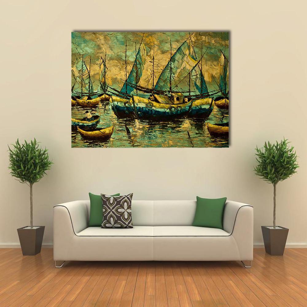 Layered Sailboats with Teal-blue Sails Canvas Wall Art in yellow, green and blue, single panel hung on a wall