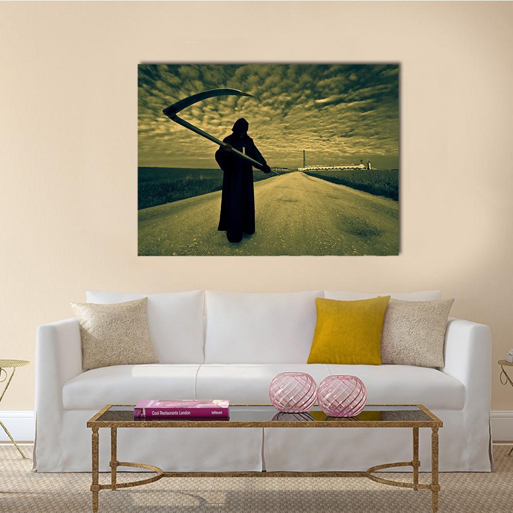 Grim Reaper with Oversized Scythe Canvas Wall Art in black, gray and green, single panel hung on a wall