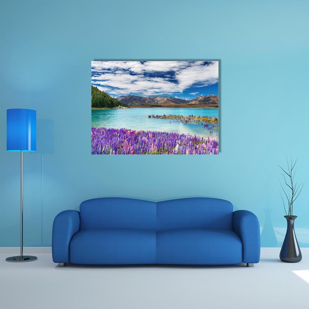 Lake Tekapo, New Zealand Canvas Wall Art in white, blue and purple, single panel hung on a wall